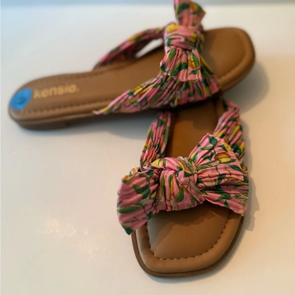 Kelsie Pink & Green Floral Knot Slide Sandals NEW Women’s 6.5